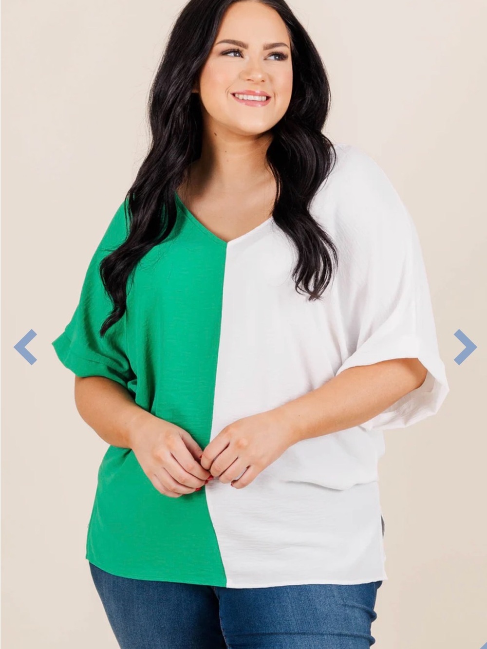 Plus Size Two-Tone V-Neck Blouse in Green and White
